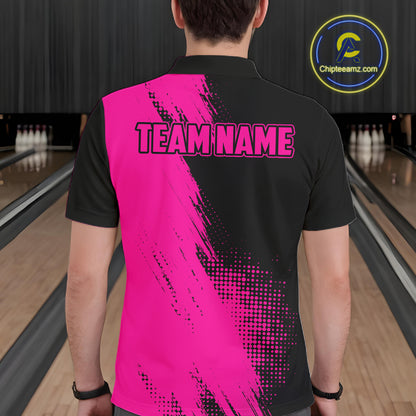 Male model wearing the Custom Pink and Black Strike Bowling polo shirt featuring bold pink and black bowling graphics, back view