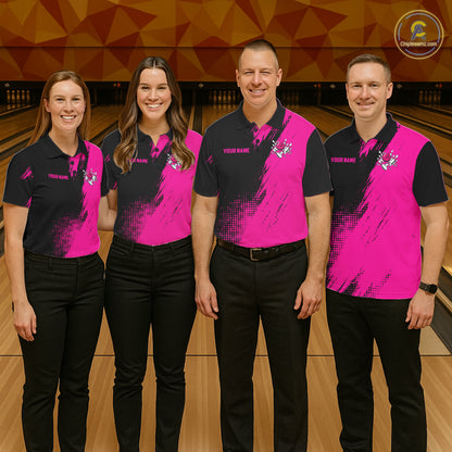 Men's bowling team wearing matching Custom Pink and Black Strike Bowling shirts, front view