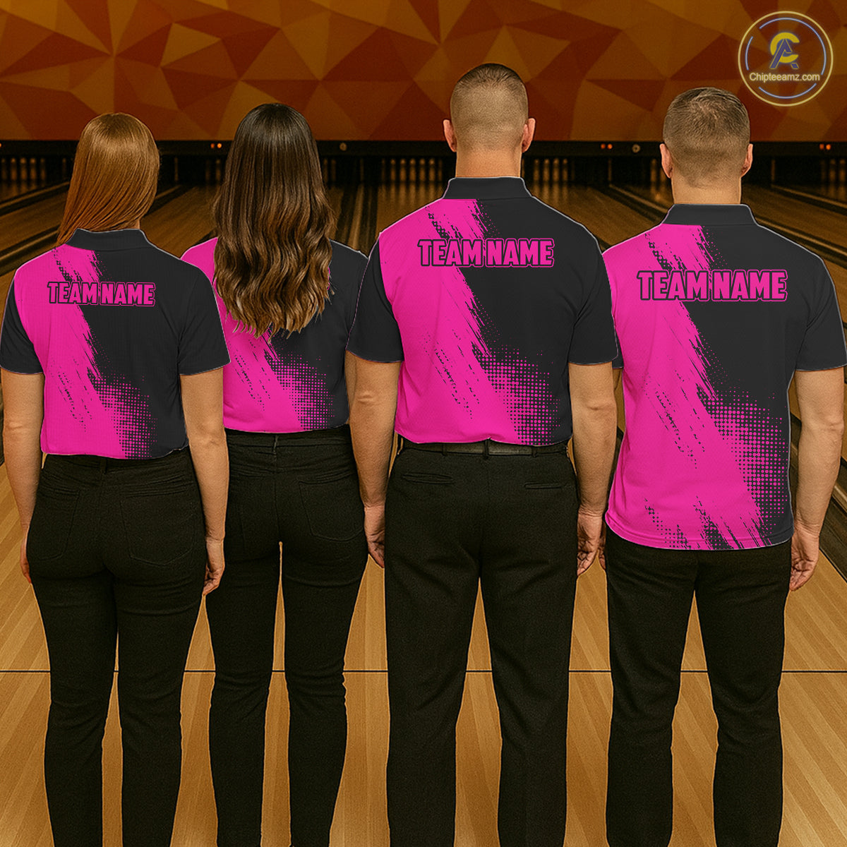 Men's bowling team wearing matching Custom Pink and Black Strike Bowling shirts, back view