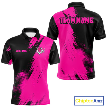 Custom Pink and Black Strike Bowling Shirt design featuring bold bowling pins, bowling ball graphics and vibrant pink and black colors on a custom polo bowling shirt for men