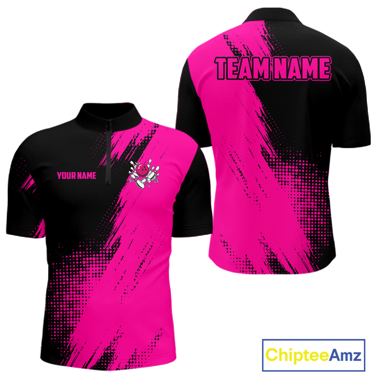 Custom Pink and Black Strike Bowling quarter zip bowling shirt design featuring bold bowling graphics in pink and black for men