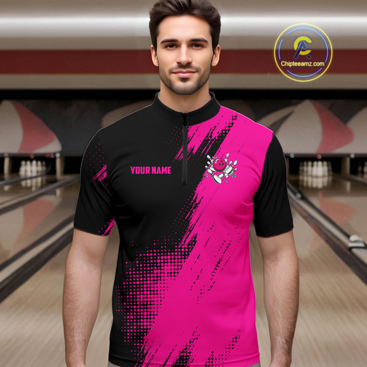 Male model wearing the Custom Pink and Black Strike Bowling quarter zip shirt with vibrant pink and black bowling artwork, front view