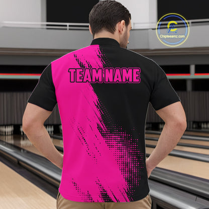 Male model wearing the Custom Pink and Black Strike Bowling quarter zip bowling shirt featuring modern bowling graphics, back view