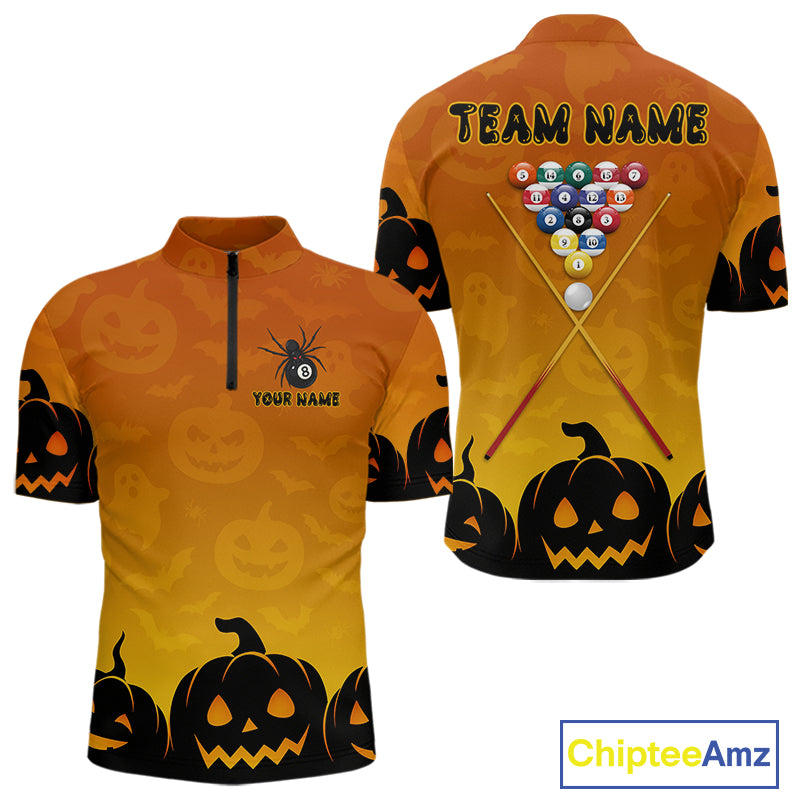 Personalized Orange Black Funny Pumpkin Billiard Shirt For Men Custom Halloween Pool Team Jersey TDM4510