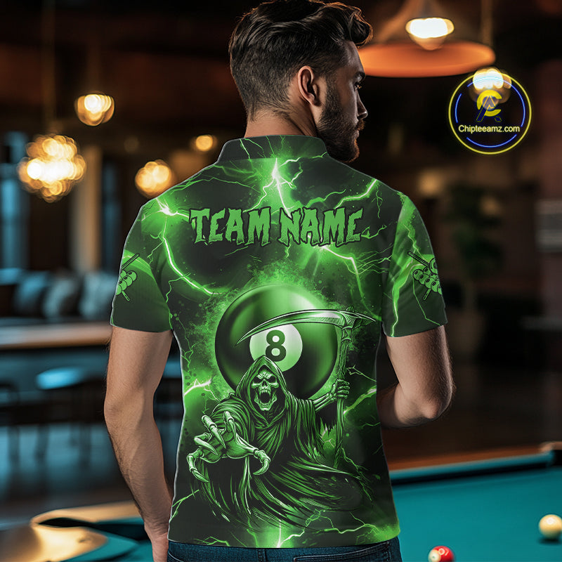 Green Grim Reaper 8 Ball Billiard Shirt For Men Custom Funny Thunder Lightning Pool Team Jersey TDM4936