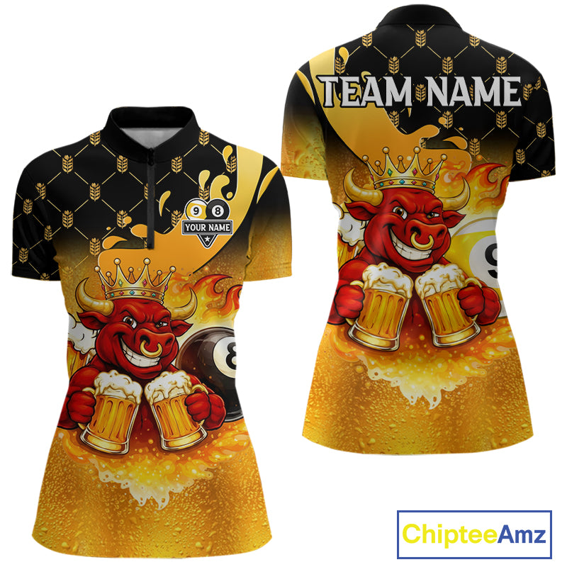 Funny Bull And Beer 8 Ball 9 Ball Billiard Shirt For Women Custom Billiard Team Jersey Polo, 1/4 Zip TDM5646