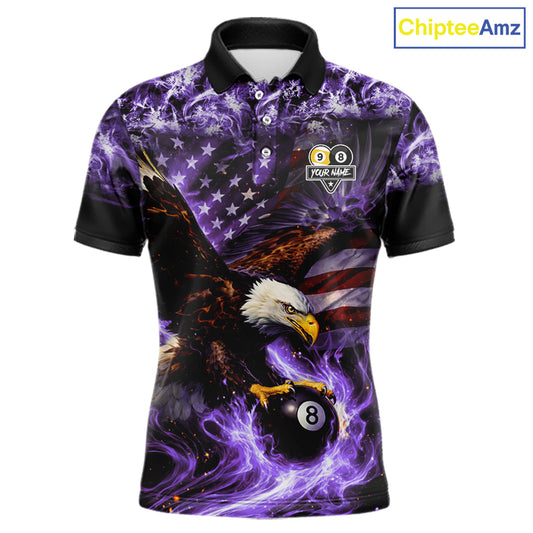 Purple Flaming Eagle 8 & 9 Ball Billiard Shirt For Men Custom US Flag Pool Jersey Polo, 1/4 Zip TDM6249