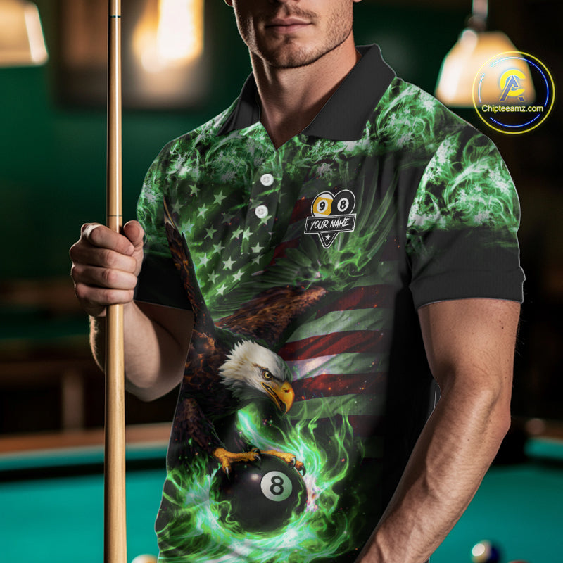 Green Flaming Eagle 8 & 9 Ball Billiard Shirt For Men Custom US Flag Pool Jersey Polo, 1/4 Zip TDM6250