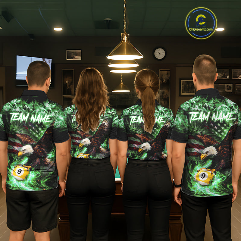Green Flaming Eagle 8 & 9 Ball Billiard Shirt For Men Custom US Flag Pool Jersey Polo, 1/4 Zip TDM6250