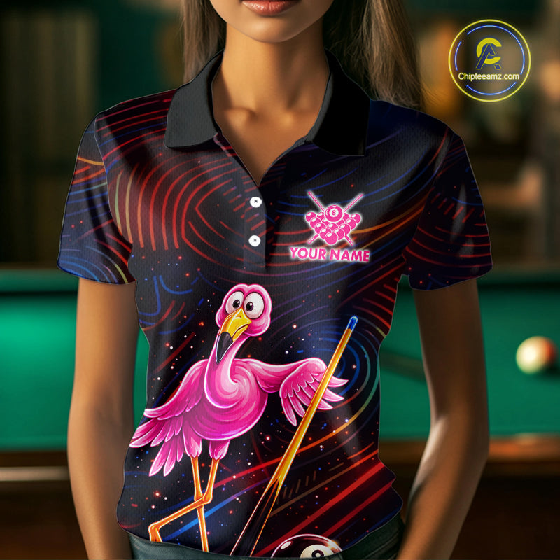 Funny Neon Flamingo 8 Ball Pool Billiard Shirt For Women Custom Billiard Team Jersey Polo & 1/4 Zip TDM6256