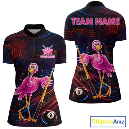 Funny Neon Flamingo 8 Ball Pool Billiard Shirt For Women Custom Billiard Team Jersey Polo & 1/4 Zip TDM6256