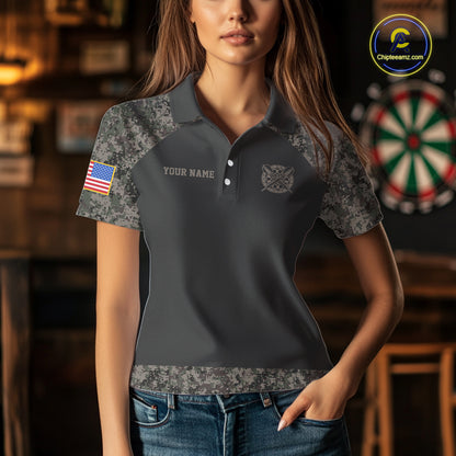 Personalized Retro Camo US Flag Darts Shirt For Women, Patriotic Darts Team Jersey Polo & 1/4 Zip TDM6260