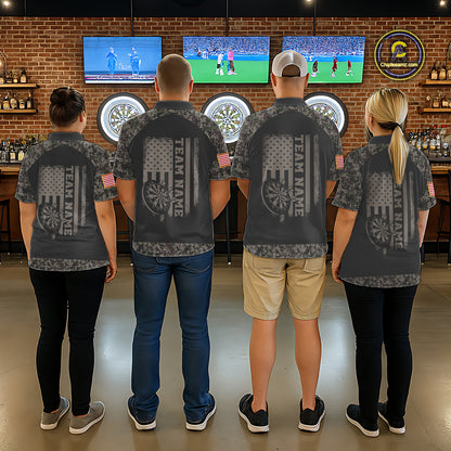 Personalized Retro Camo US Flag Darts Shirt For Women, Patriotic Darts Team Jersey Polo & 1/4 Zip TDM6260