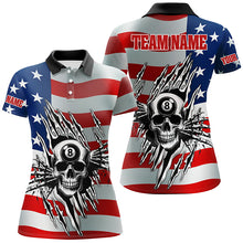 Load image into Gallery viewer, Personalized Billiard Skull American Flag Women Polo &amp; Quarter-Zip Shirts, Patriotic Billiard Jerseys TDM1751