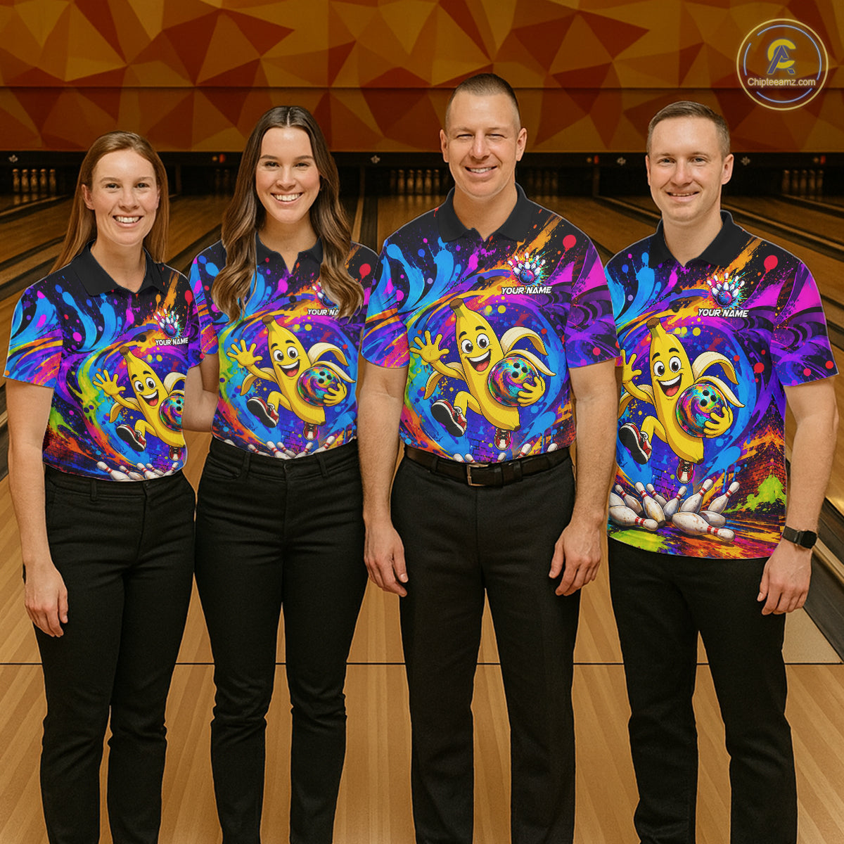 Bowling team wearing matching funny banana colorful bowling team jerseys, front view.