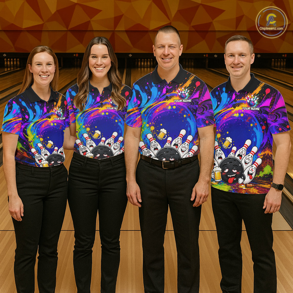 Bowling team wearing matching funny drunk bowling pins colorful bowling team jerseys, front view.