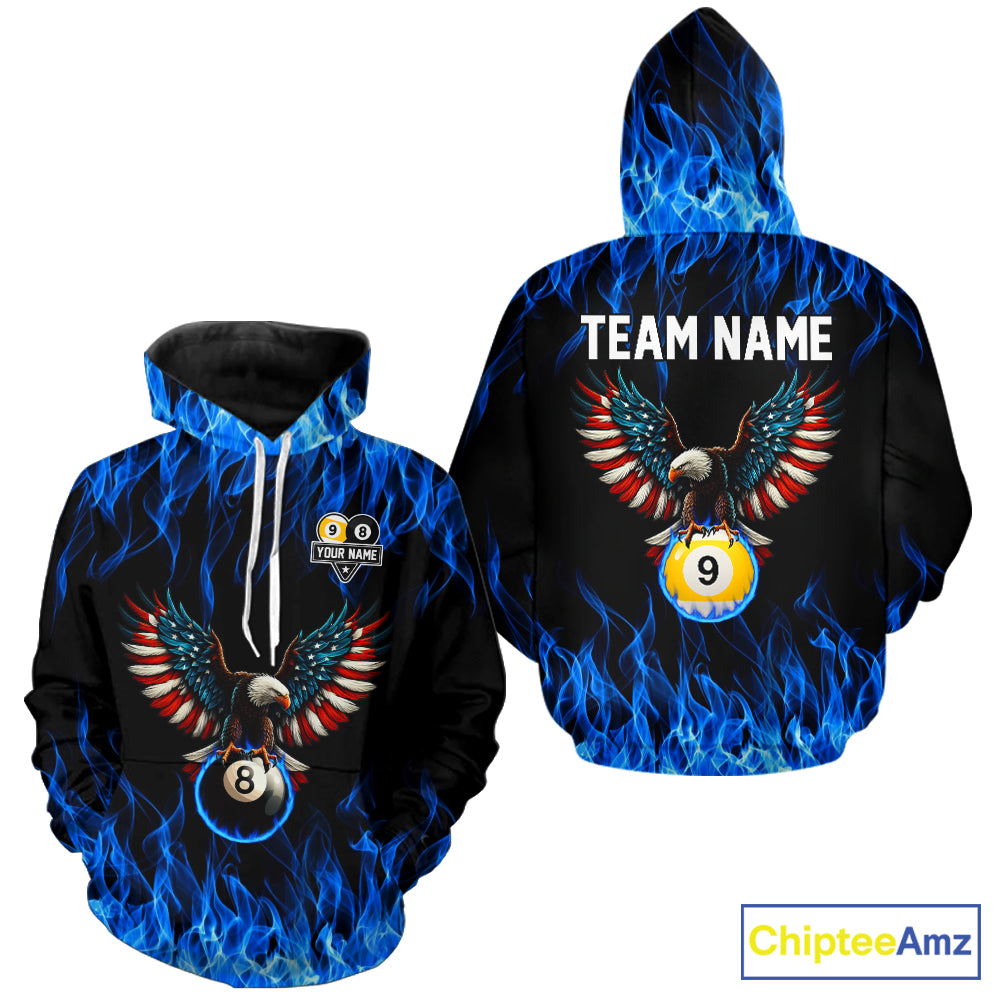 Blue Flaming American Flag Eagle 8 Ball & 9 Ball Pool Hoodie Custom Billiard Hoodie Team Jersey TDM5652