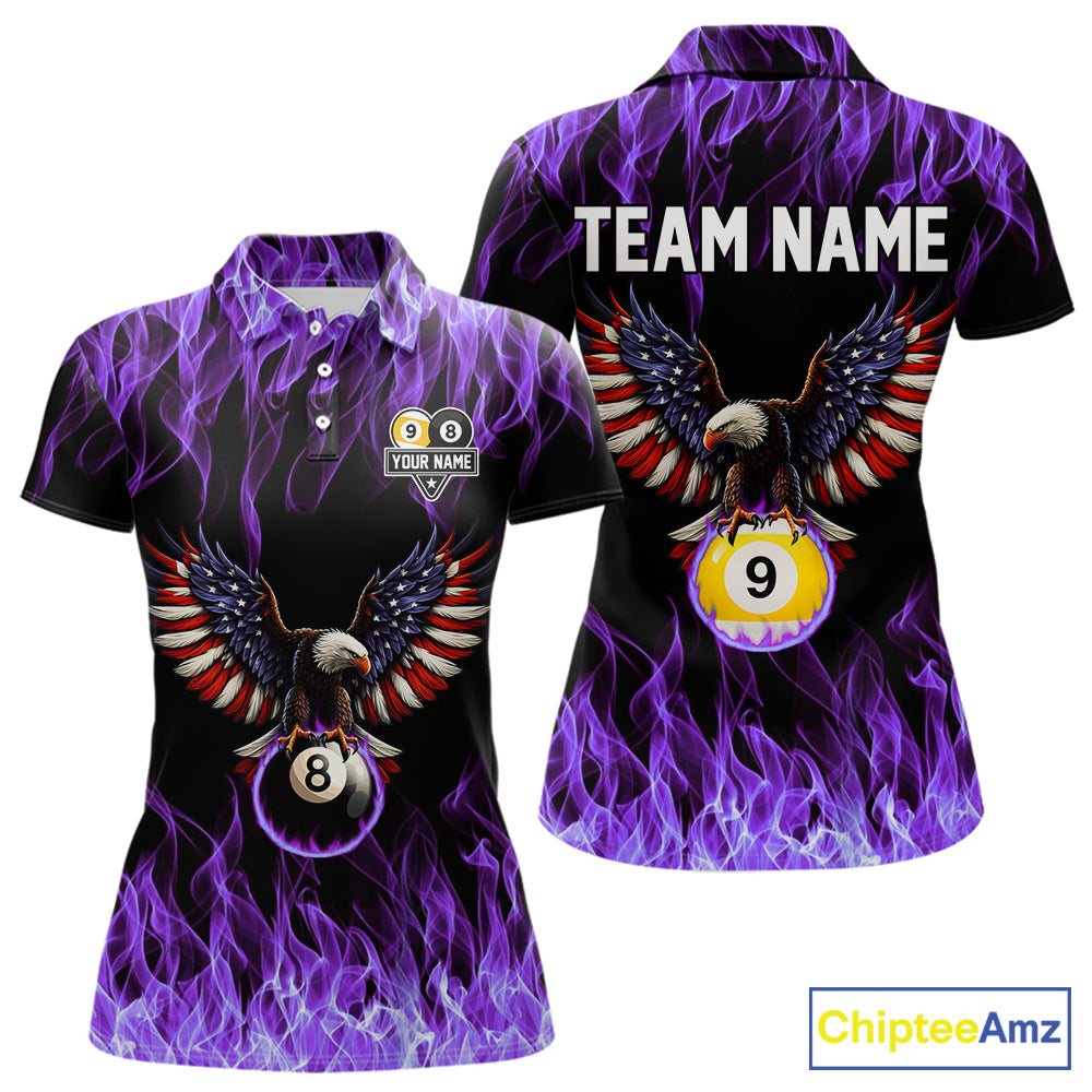 Purple Flaming American Flag Eagle 8 Ball & 9 Ball Billiard Shirt For Women Custom Pool Team Jersey TDM5653