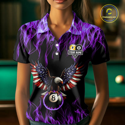 Purple Flaming American Flag Eagle 8 Ball & 9 Ball Billiard Shirt For Women Custom Pool Team Jersey TDM5653