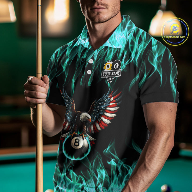 Turquoise Flaming American Flag Eagle 8 Ball 9 Ball Billiard Shirt For Men Custom Pool Team Jersey TDM5654