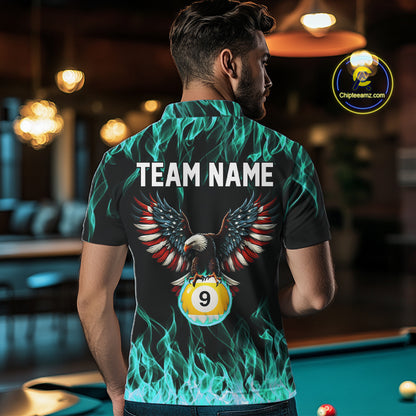 Turquoise Flaming American Flag Eagle 8 Ball 9 Ball Billiard Shirt For Men Custom Pool Team Jersey TDM5654