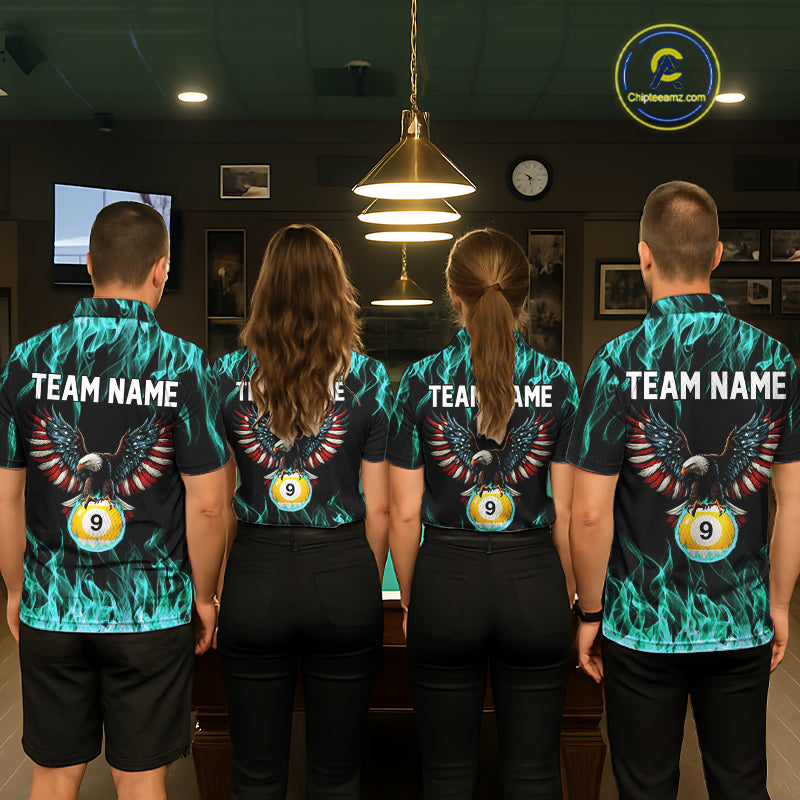 Turquoise Flaming American Flag Eagle 8 Ball 9 Ball Billiard Shirt For Men Custom Pool Team Jersey TDM5654