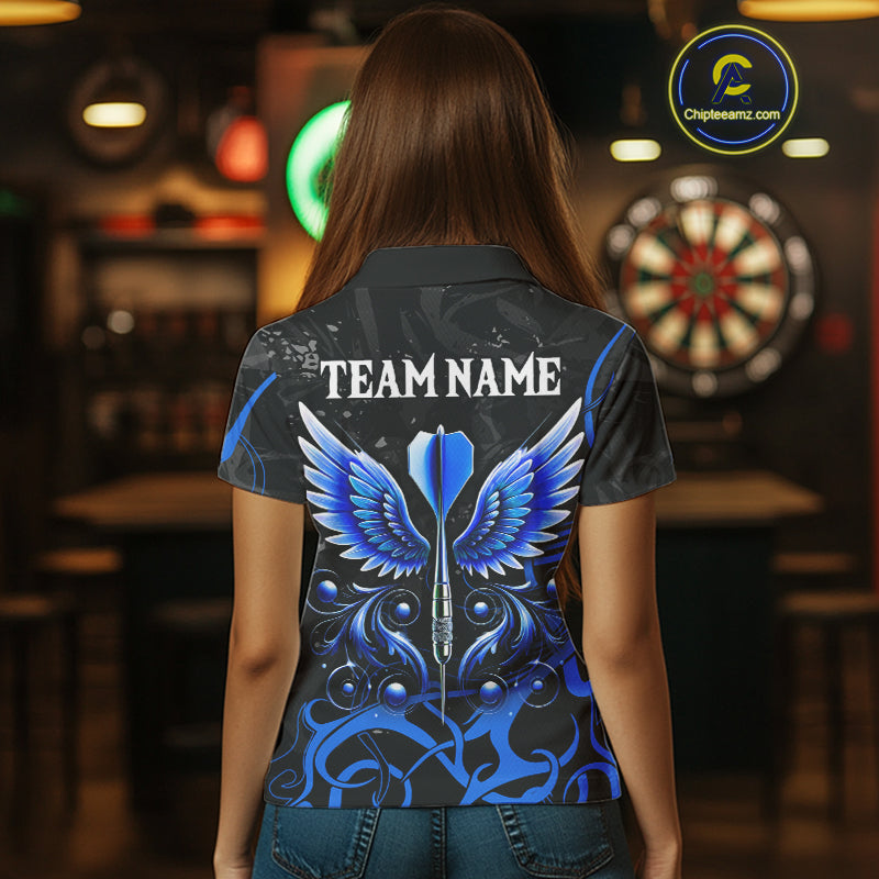 Black And Blue Custom Wings Darts Shirt For Women, Darts Jersey Pocket Option TDM3840