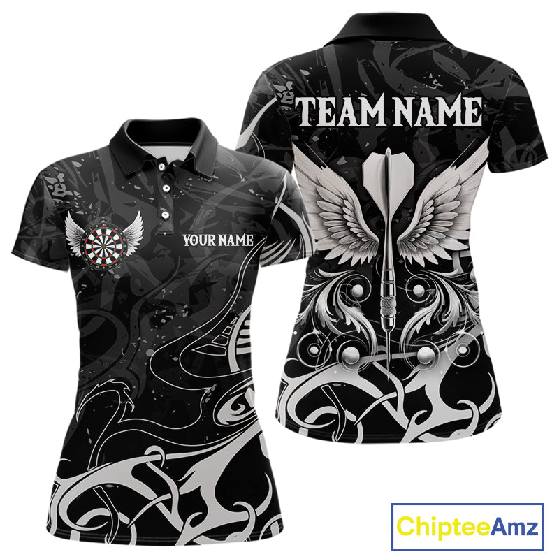 Grey And Black Custom Wings Darts Shirt For Women, Darts Jersey Pocket Option TDM3841