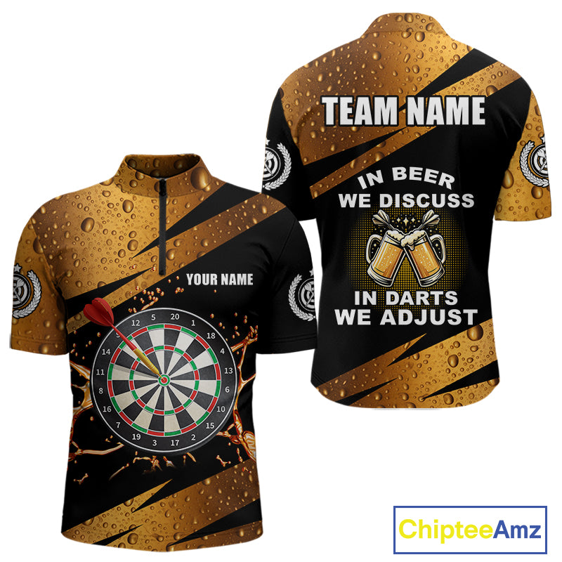 In Beer We Discuss Funny Dart Shirts For Men Custom Beer Dart Jersey Team Polo & Quarter Zip TDM3845