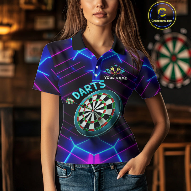 Neon Purple Blue Dart Shirts For Women Custom Glowing Dart Jersey Team Outfit Polo & Quarter Zip TDM3846