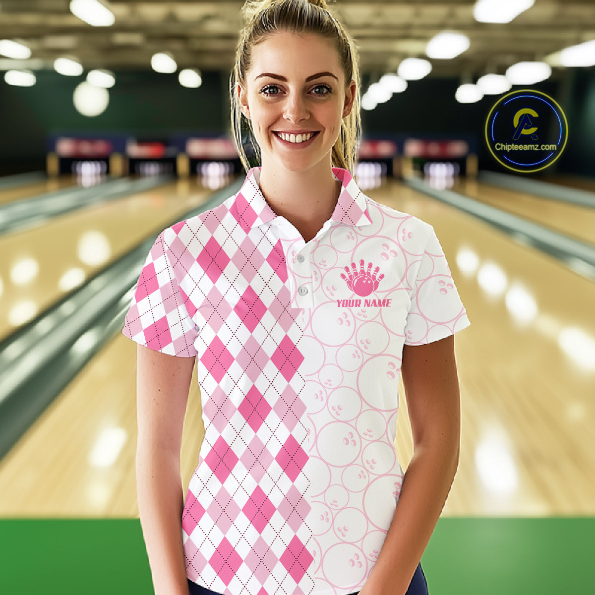 Personalized Pink Argyle Bowling Jersey For Women Custom Bowling Shirt Team Polo & 1/4 Zip TDM6265