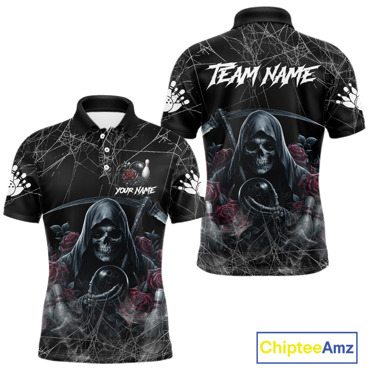 Grim Reaper And Roses Custom Bowling Shirt For Men, Bowling Team Jersey Polo & Quarter Zip TDM6272
