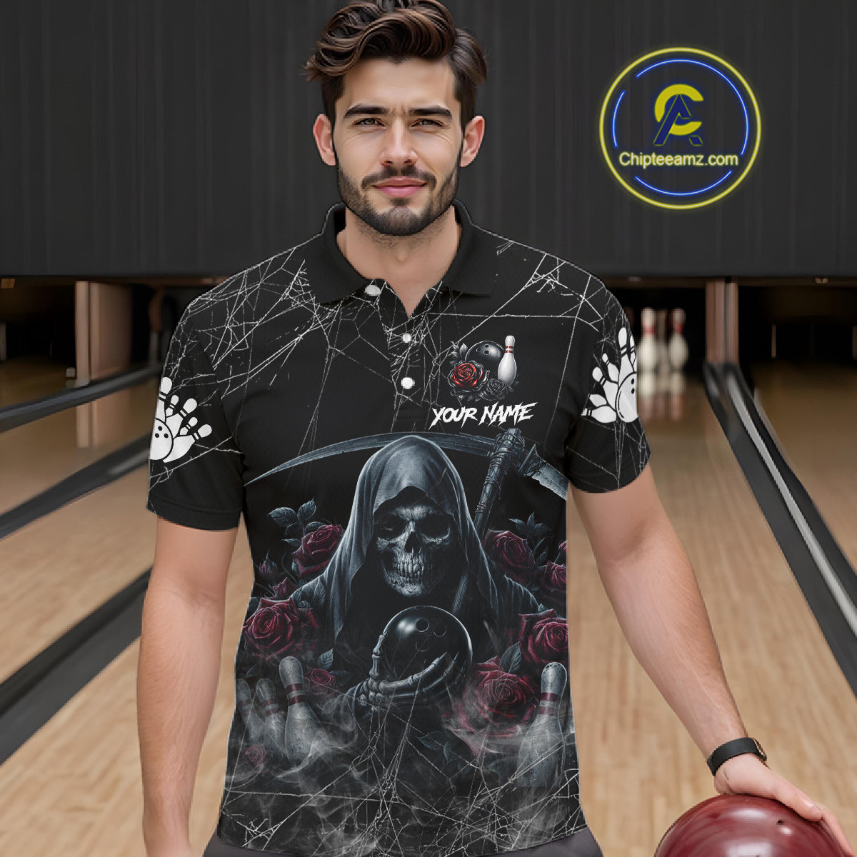 Grim Reaper And Roses Custom Bowling Shirt For Men, Bowling Team Jersey Polo & Quarter Zip TDM6272