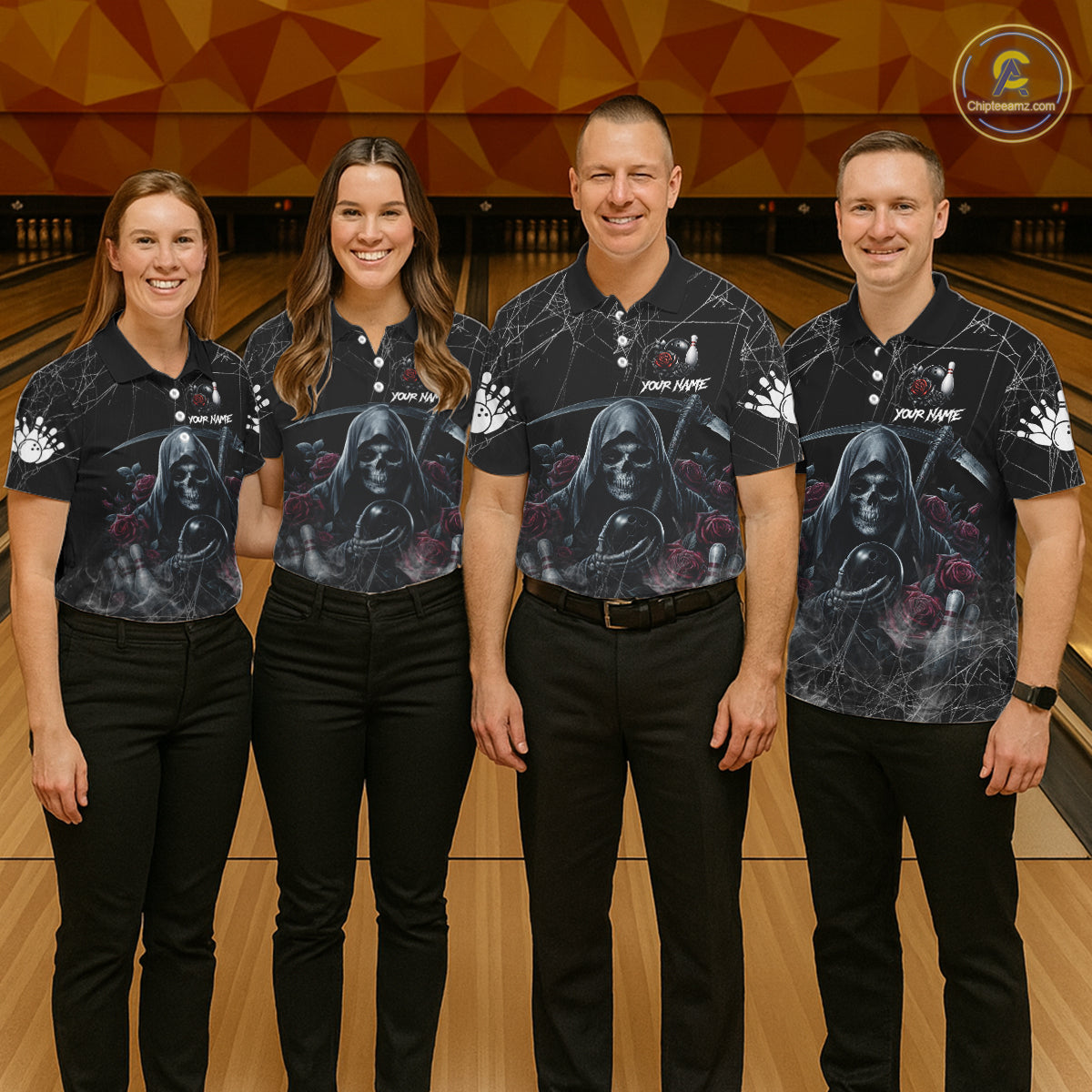 Grim Reaper And Roses Custom Bowling Shirt For Women, Bowling Team Jersey Polo & Quarter Zip TDM6272