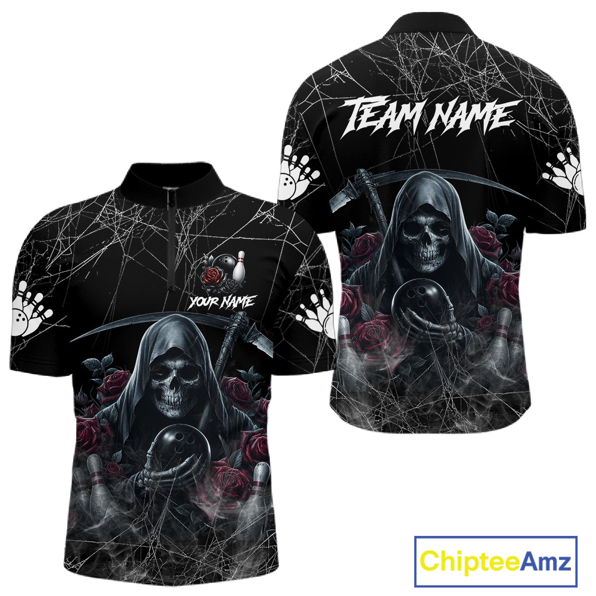 Grim Reaper And Roses Custom Bowling Shirt For Men, Bowling Team Jersey Polo & Quarter Zip TDM6272