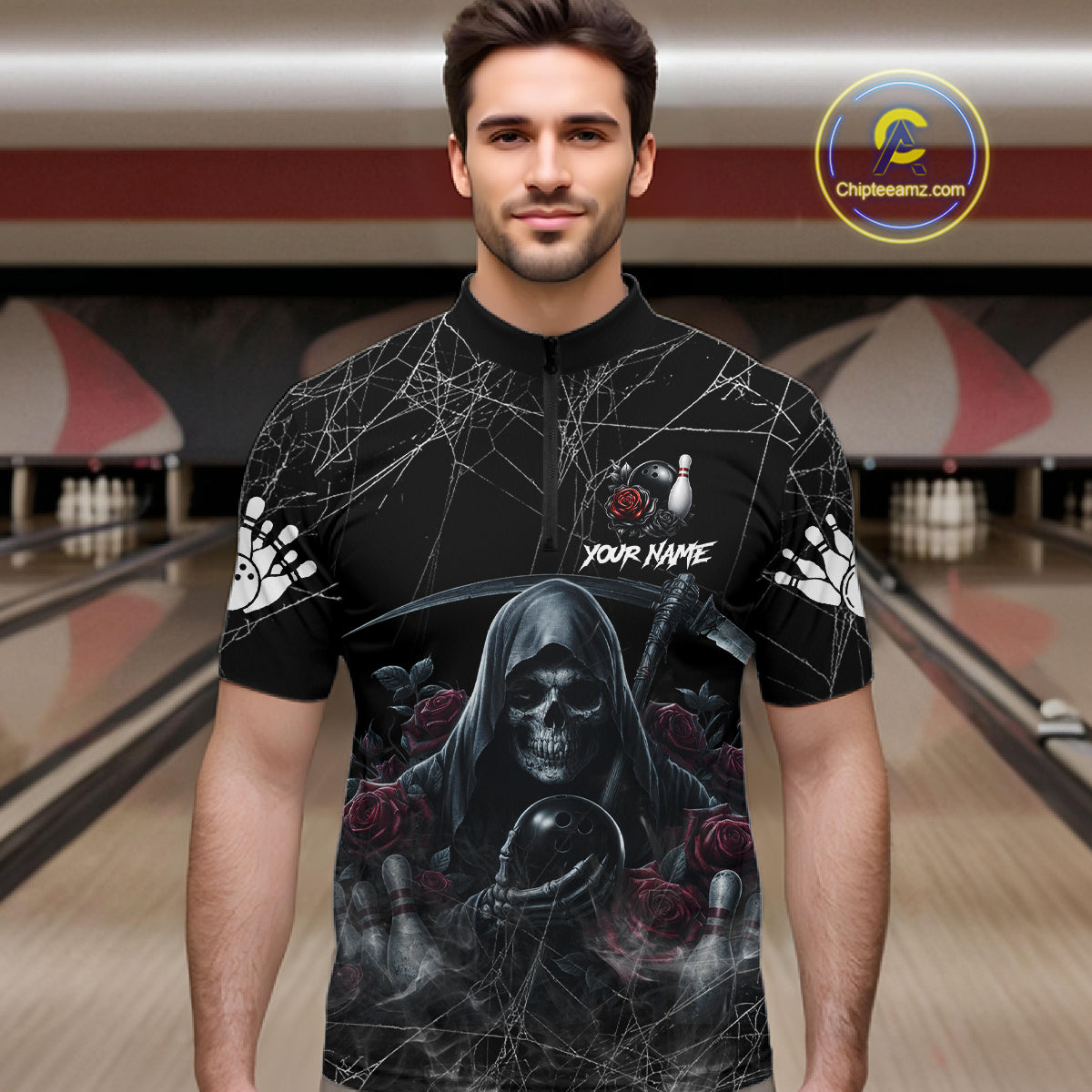 Grim Reaper And Roses Custom Bowling Shirt For Men, Bowling Team Jersey Polo & Quarter Zip TDM6272