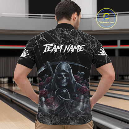 Grim Reaper And Roses Custom Bowling Shirt For Men, Bowling Team Jersey Polo & Quarter Zip TDM6272