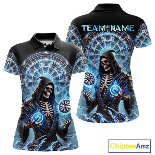 Funny Blue Icy Dartboard Grim Reaper Shirt Custom Darts Jersey Team Polo & 1/4 Zip For Women TDM4527