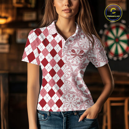 Aim Love Darts Custom Red Argyle Women Darts Polo & 1/4 Shirts, Funny Darts Shirts Darts Team Jersey TDM5661