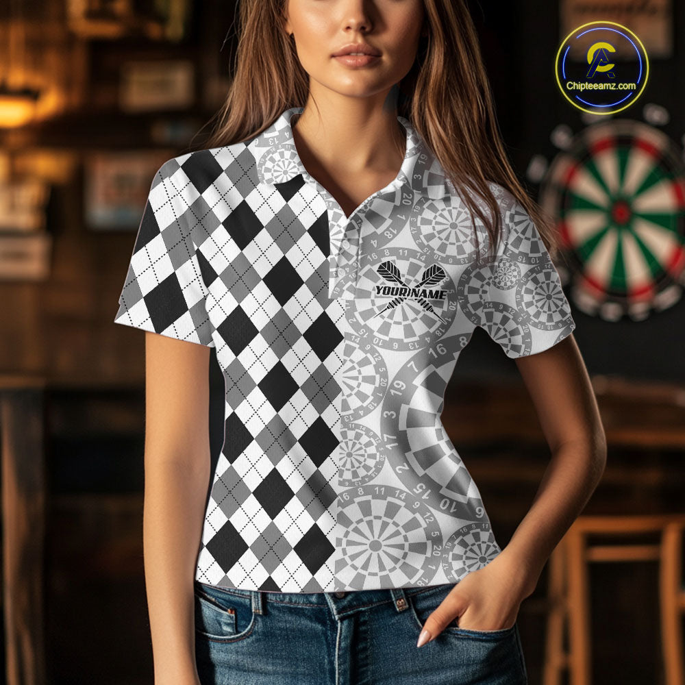 Aim Love Darts Custom Black Argyle Women Darts Polo & 1/4 Shirt, Funny Darts Shirts Dart Team Jersey TDM5662
