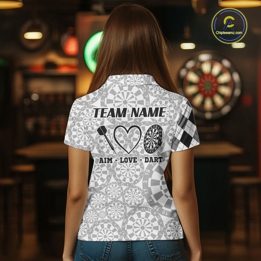 Aim Love Darts Custom Black Argyle Women Darts Polo & 1/4 Shirt, Funny Darts Shirts Dart Team Jersey TDM5662