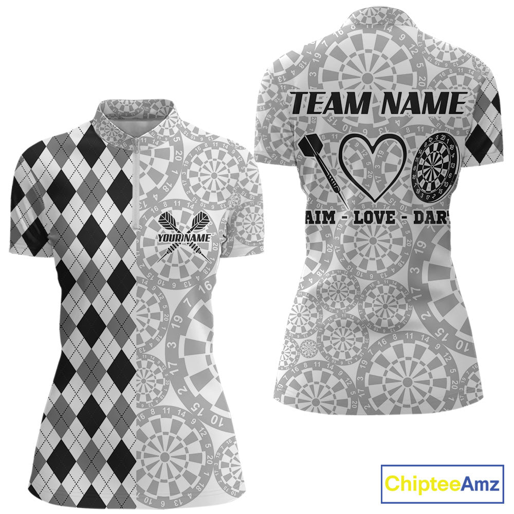 Aim Love Darts Custom Black Argyle Women Darts Polo & 1/4 Shirt, Funny Darts Shirts Dart Team Jersey TDM5662