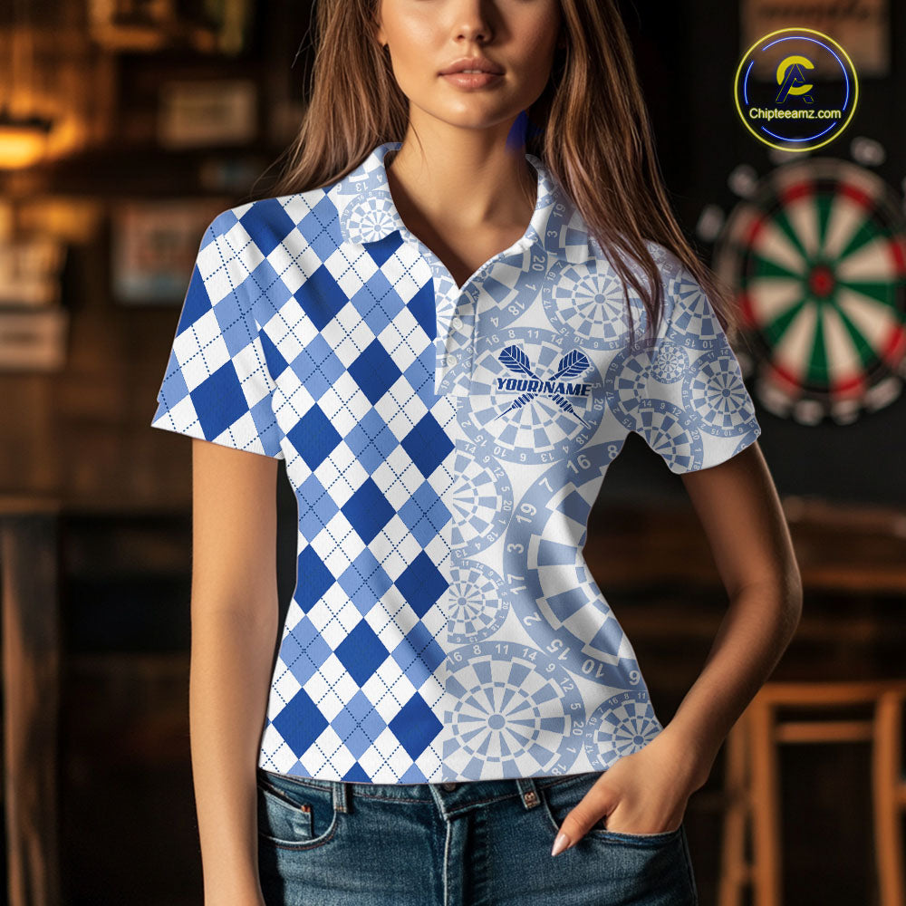 Aim Love Darts Custom Blue Argyle Women Darts Polo & 1/4 Shirts, Funny Darts Shirts Dart Team Jersey TDM5663