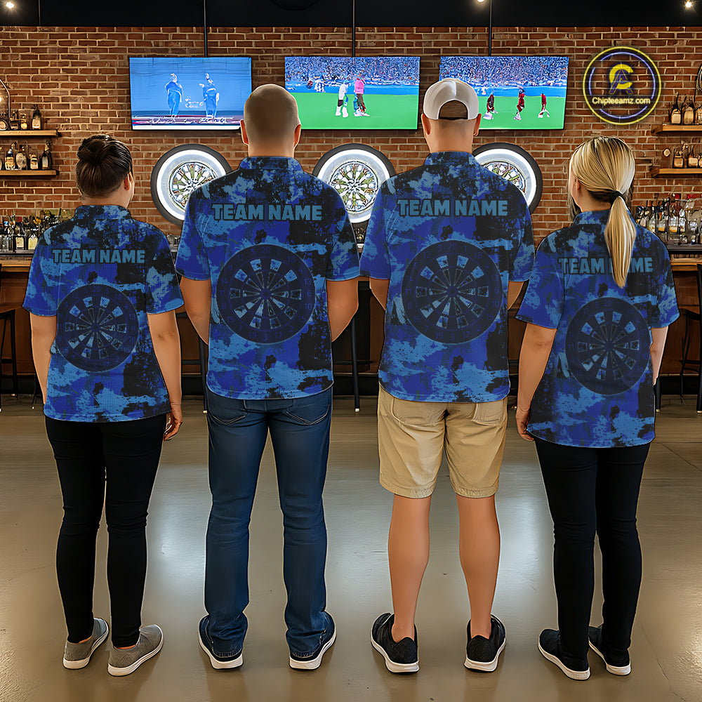 Custom Grunge Blue Camo Arrow Darts Shirts For Men, Retro Darts Jersey Team Polo & 1/4 Zip TDM5664
