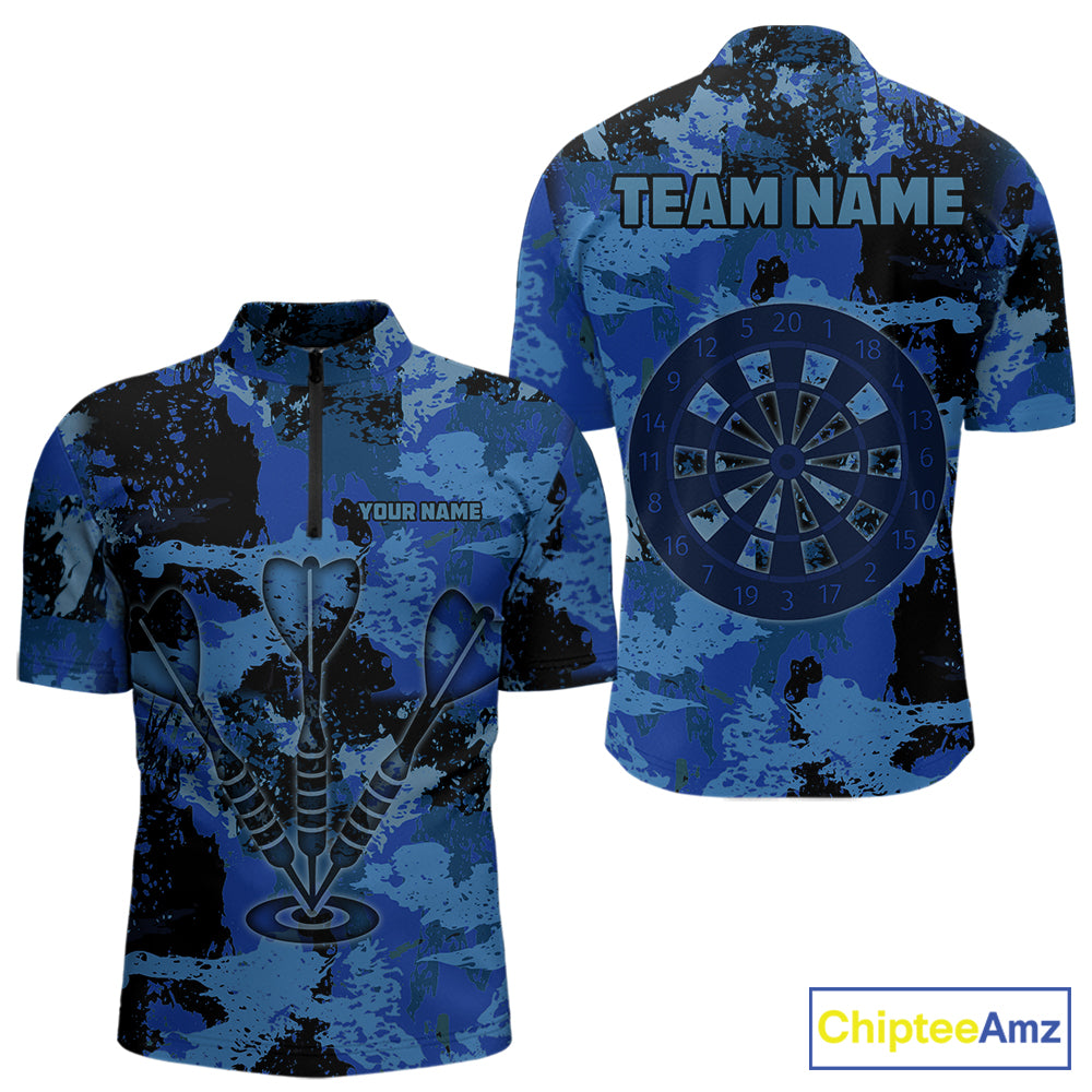 Custom Grunge Blue Camo Arrow Darts Shirts For Men, Retro Darts Jersey Team Polo & 1/4 Zip TDM5664