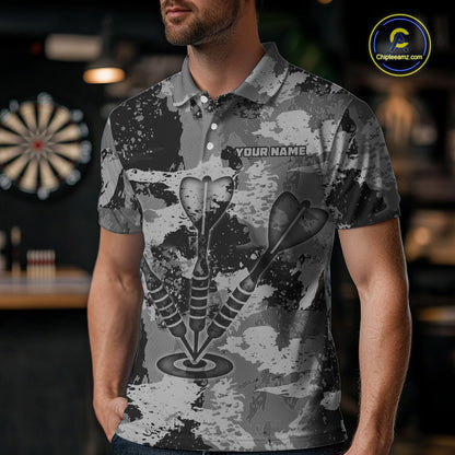 Custom Grunge Grey Camo Arrow Darts Shirts For Men, Retro Darts Jersey Team Polo & 1/4 Zip TDM5665