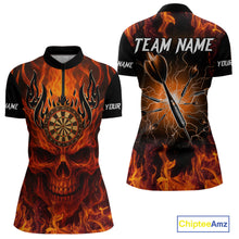 Load image into Gallery viewer, Orange Flaming Skull Women&#39;s Dart Jerseys Custom Dart Fire Lightning Darts Team Shirt Polo &amp; 1/4 Zip TDM3856