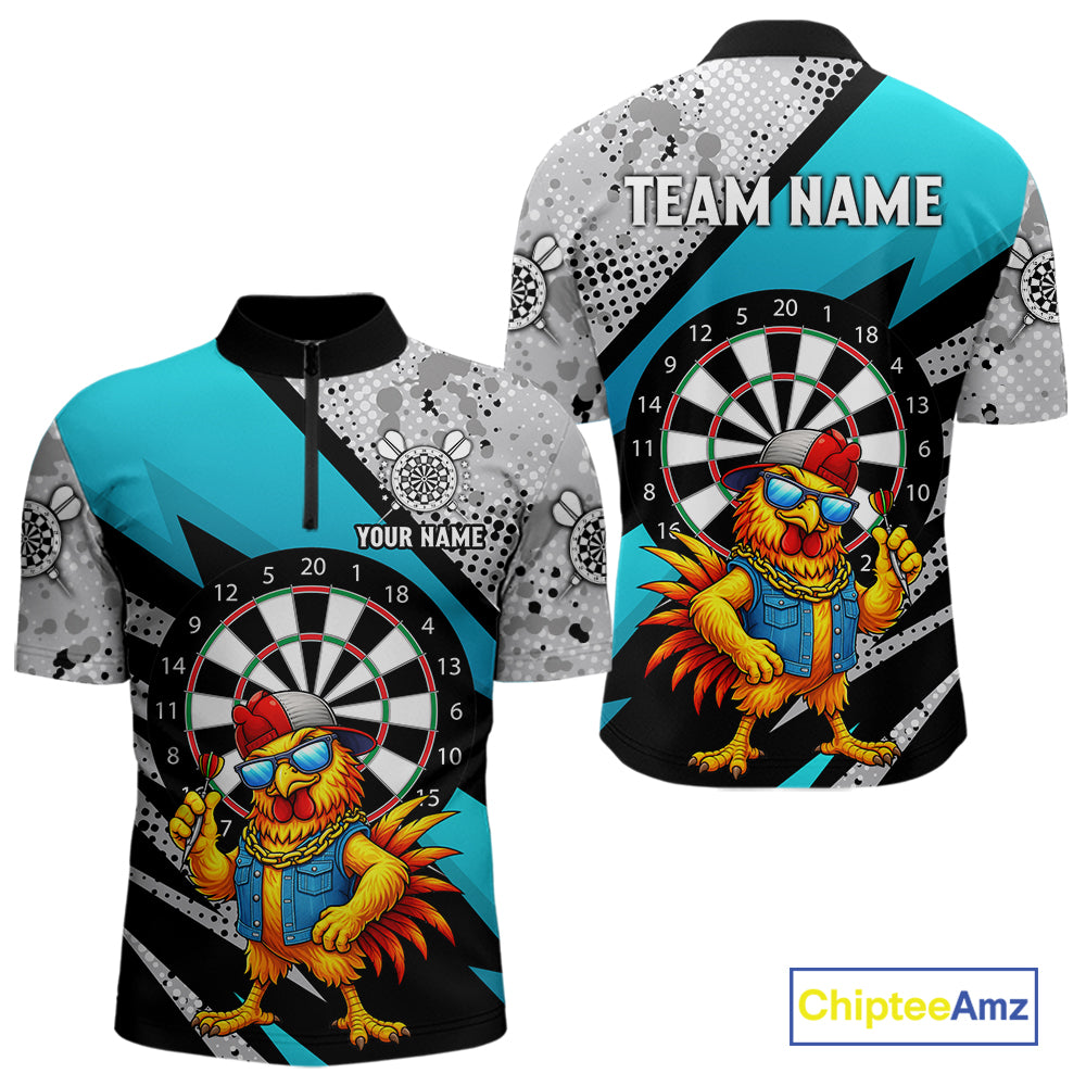 Personalized Rooster Funny Darts Shirt For Men Custom Darts Team Jersey Polo & 1/4 Zip |Blue TDM6279