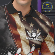 Load image into Gallery viewer, Close-up of a retro American flag bowling polo shirt collar, buttons, and patriotic artwork.