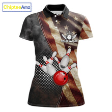 Load image into Gallery viewer, Retro American flag bowling polo shirt for women with patriotic bowling team graphics.